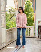Hand Block Printed Cotton Blouse Peach, Flared Sleeves with Lace Detail