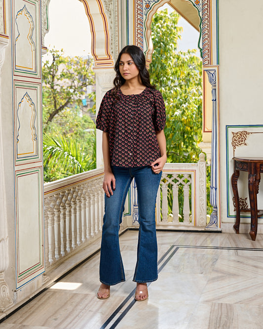 Hand Block Printed Cotton Women Top Black, Floral Print, Puff Sleeves