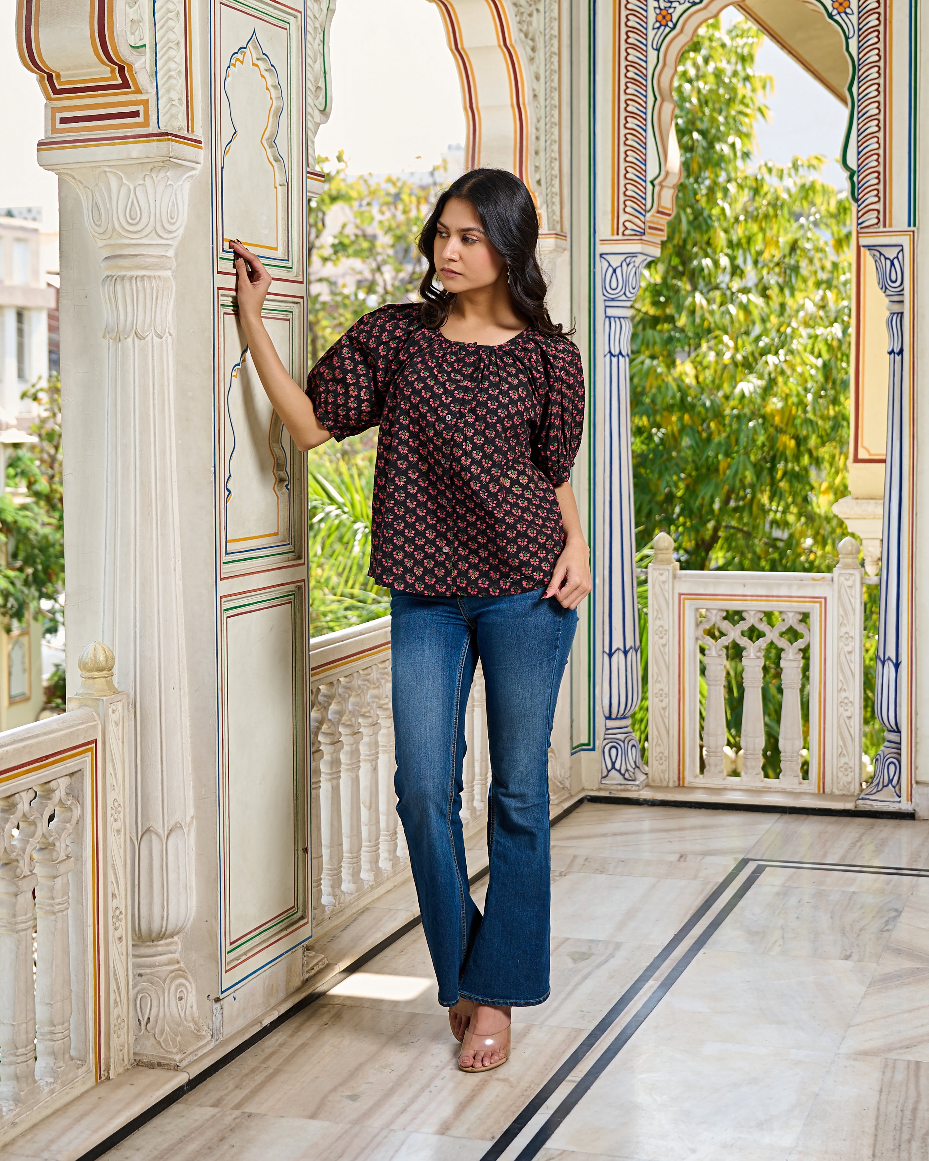 Black Hand Block Printed Cotton Women Top