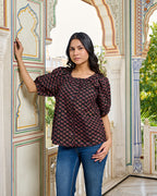 Black Hand Block Printed Cotton Women Top