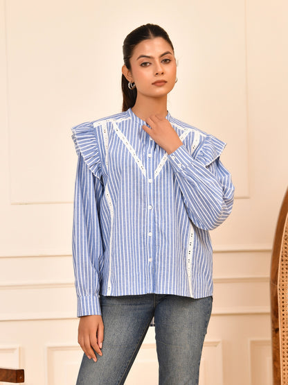 Blue & White Striped Cotton Lace Detail Blouse Full Sleeves with Ruffle Design