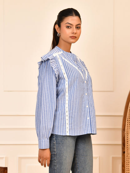 Blue & White Striped Cotton Lace Detail Blouse Full Sleeves with Ruffle Design