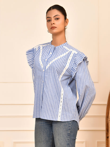Blue & White Striped Cotton Lace Detail Blouse Full Sleeves with Ruffle Design
