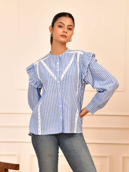 Blue & White Striped Cotton Lace Detail Blouse Full Sleeves with Ruffle Design
