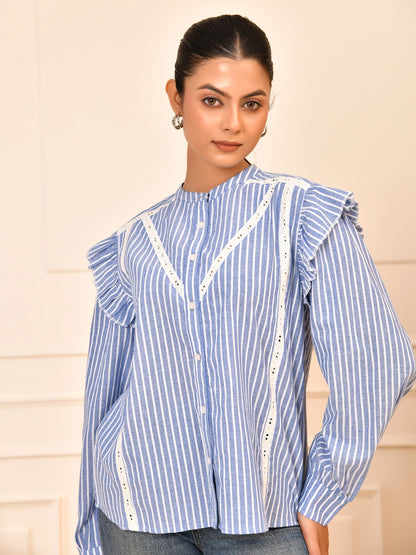 Blue & White Striped Cotton Lace Detail Blouse Full Sleeves with Ruffle Design