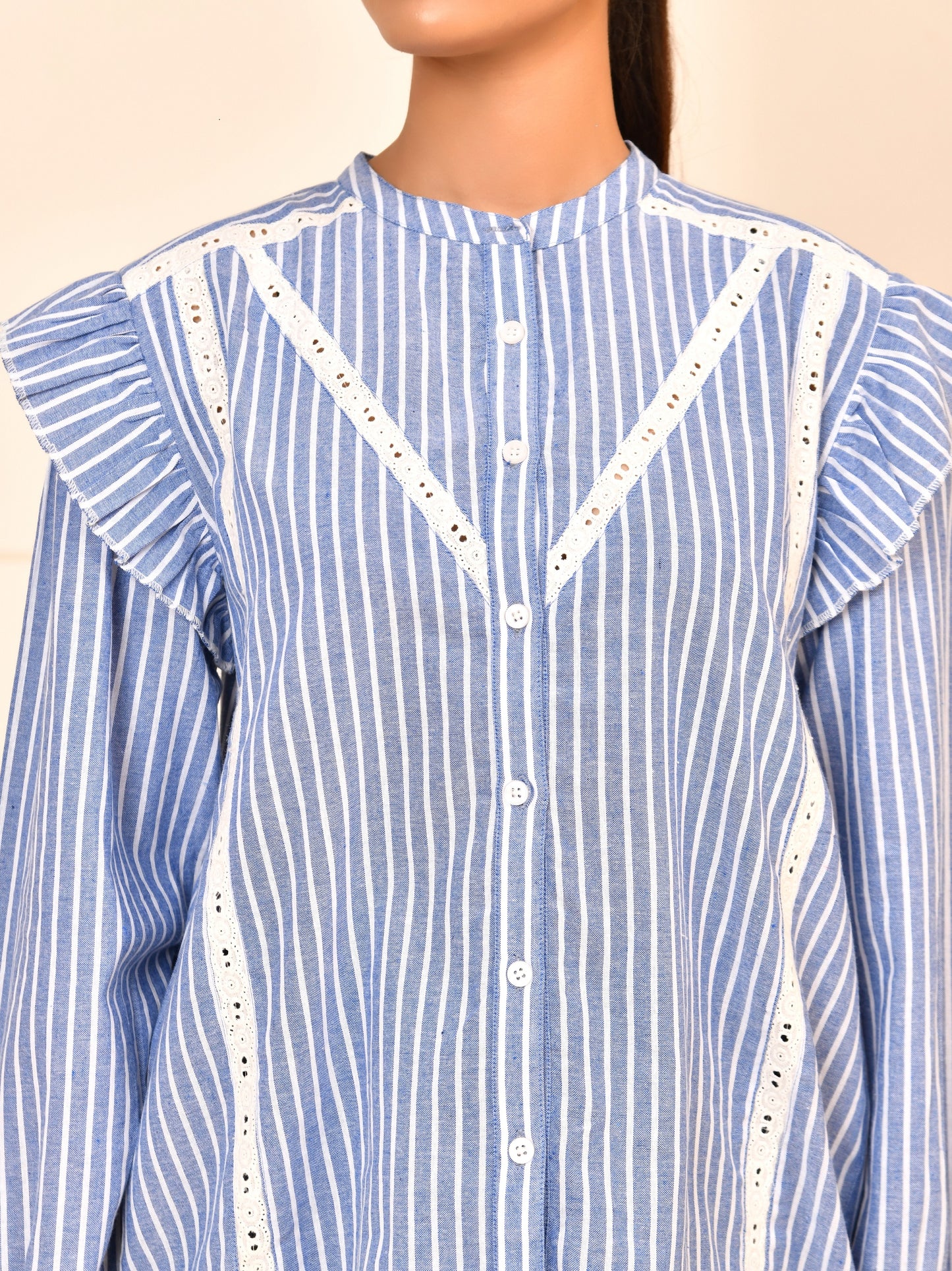 Blue & White Striped Cotton Lace Detail Blouse Full Sleeves with Ruffle Design