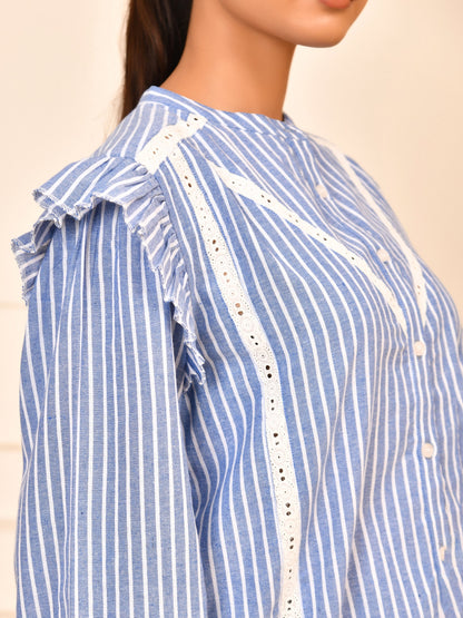 Blue & White Striped Cotton Lace Detail Blouse Full Sleeves with Ruffle Design