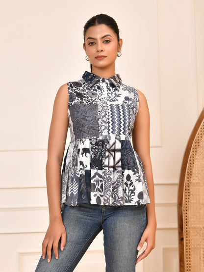 Hand Block Print Patchwork Peplum Cotton Top
