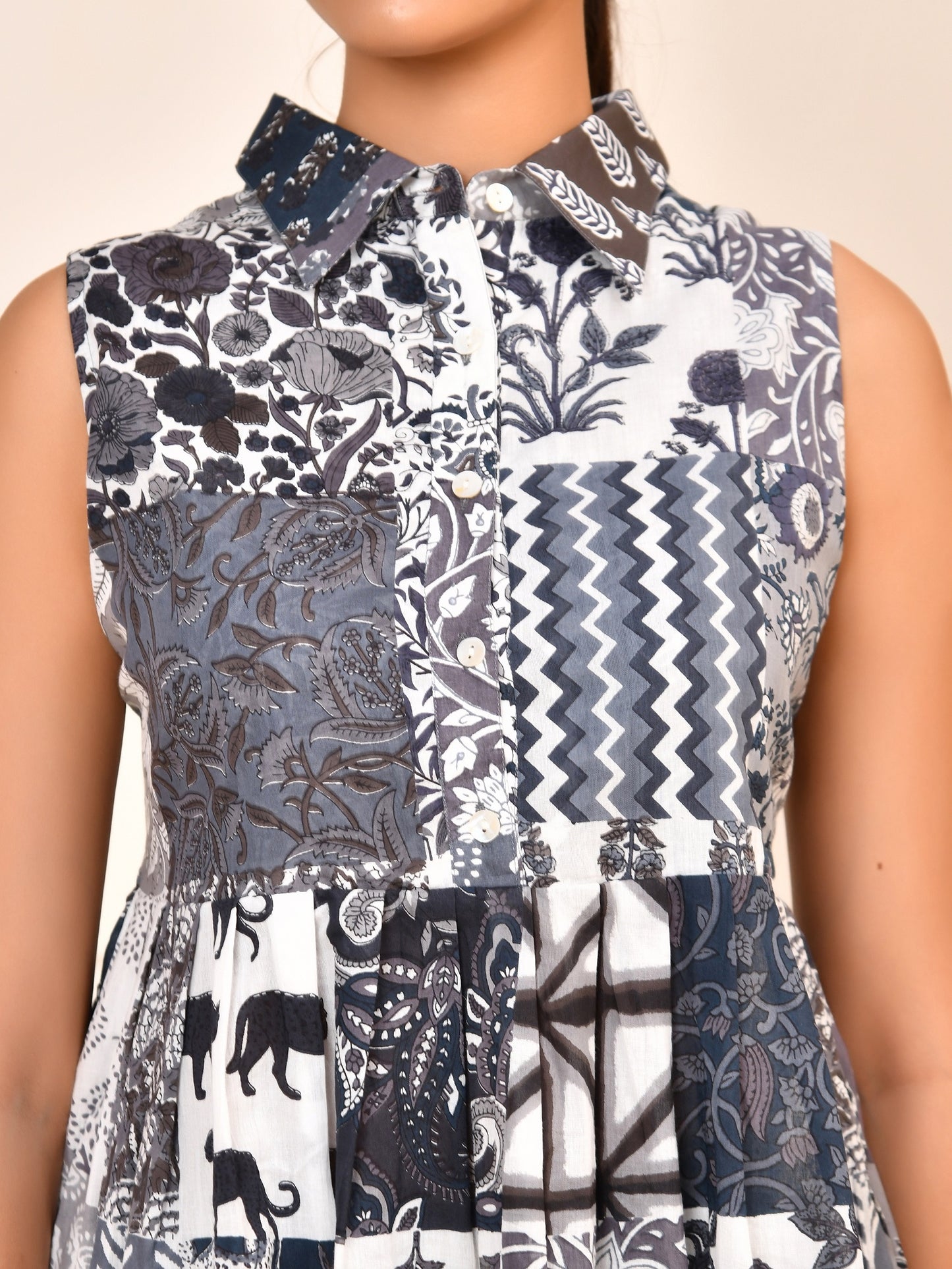 Hand Block Print Patchwork Peplum Cotton Top | Sleeveless Cotton Shirt for women