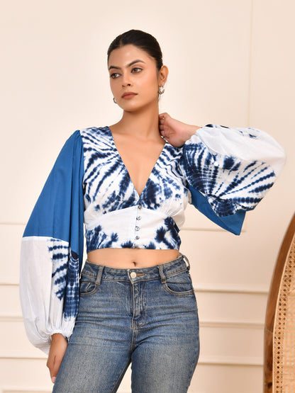 Indigo Tie-Dye Statement Crop Top | Puff Sleeve V-Neck Cotton Blouse