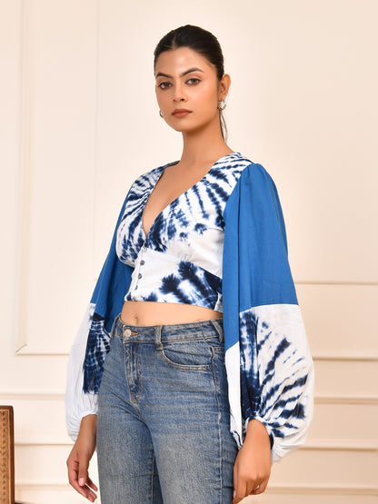Indigo Tie-Dye Statement Crop Top | Puff Sleeve V-Neck Cotton Blouse