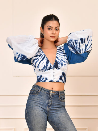 Indigo Tie-Dye Statement Crop Top | Puff Sleeve V-Neck Cotton Blouse