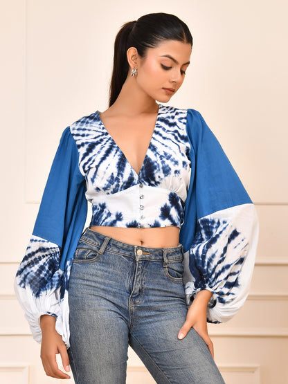 Indigo Tie-Dye Statement Crop Top | Puff Sleeve V-Neck Cotton Blouse