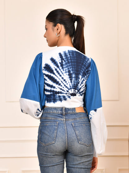 Indigo Tie-Dye Statement Crop Top | Puff Sleeve V-Neck Cotton Blouse
