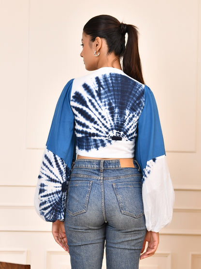 Indigo Tie-Dye Statement Crop Top | Puff Sleeve V-Neck Cotton Blouse