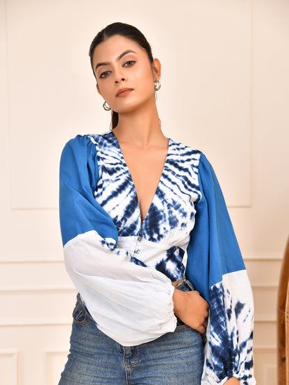 Indigo Tie-Dye Statement Crop Top | Puff Sleeve V-Neck Cotton Blouse