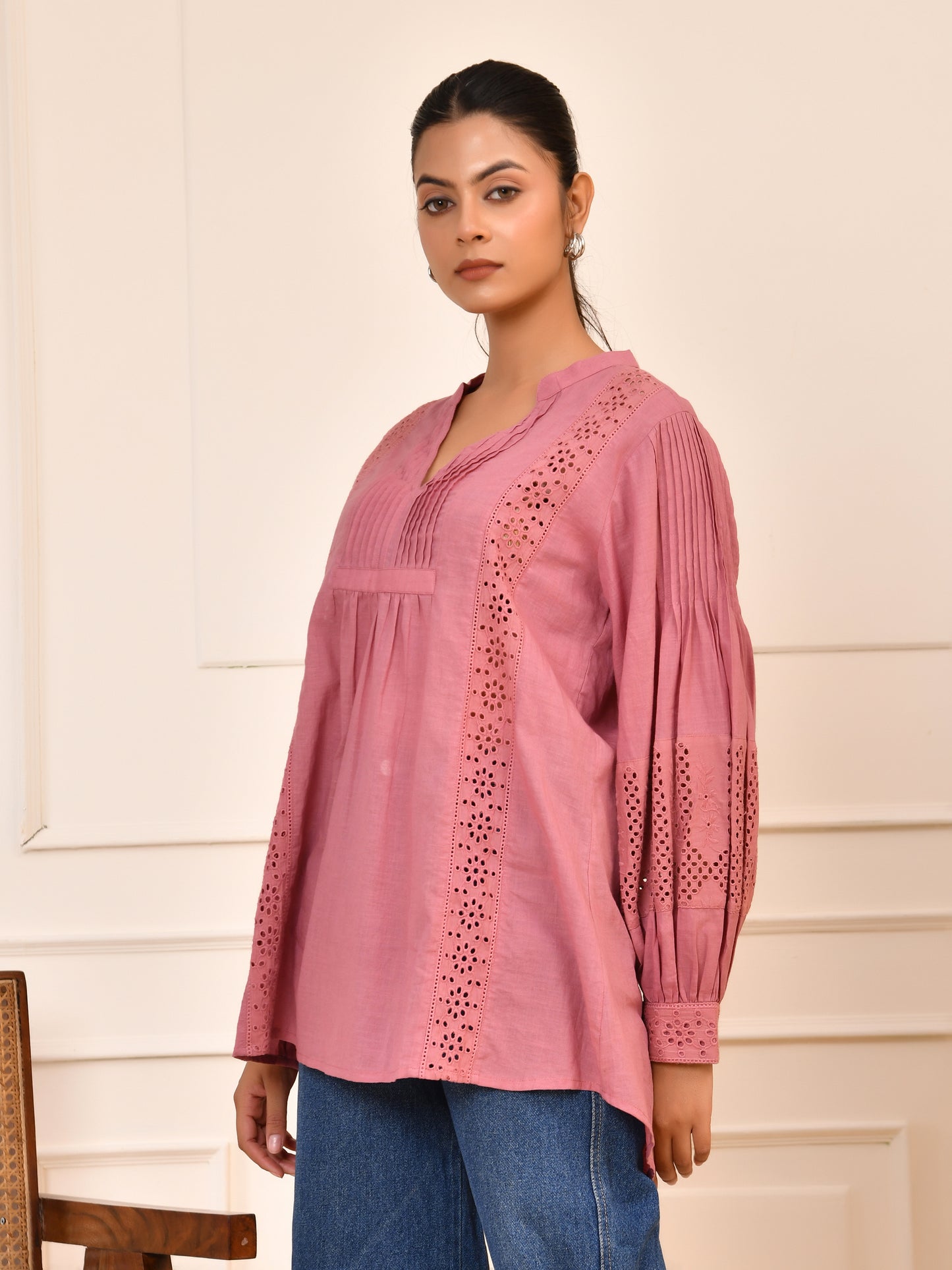 Dusty Pink Cotton Lace Detail Blouse – Pintuck Front & Full Balloon Sleeves Top