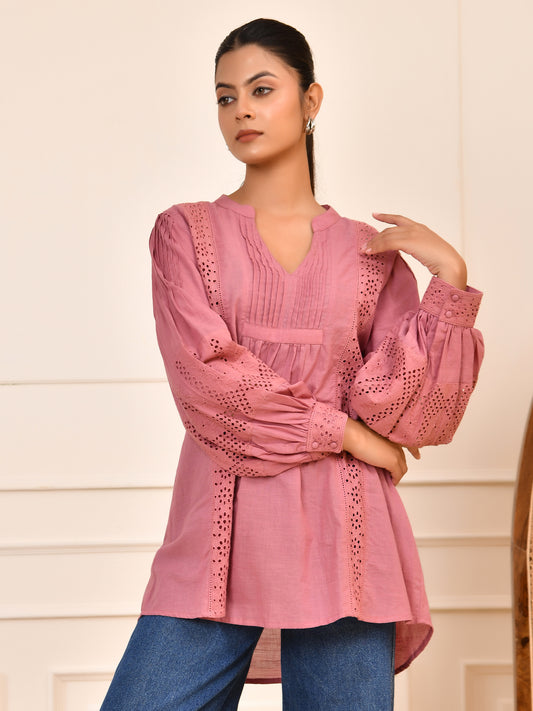 Dusty Pink Cotton Lace Detail Blouse – Pintuck Front & Full Balloon Sleeves Top