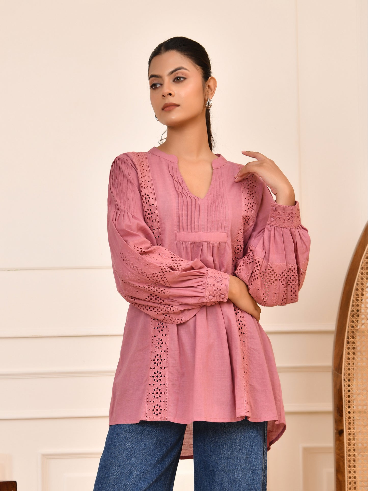 Dusty Pink Cotton Lace Detail Blouse – Pintuck Front & Full Balloon Sleeves Top