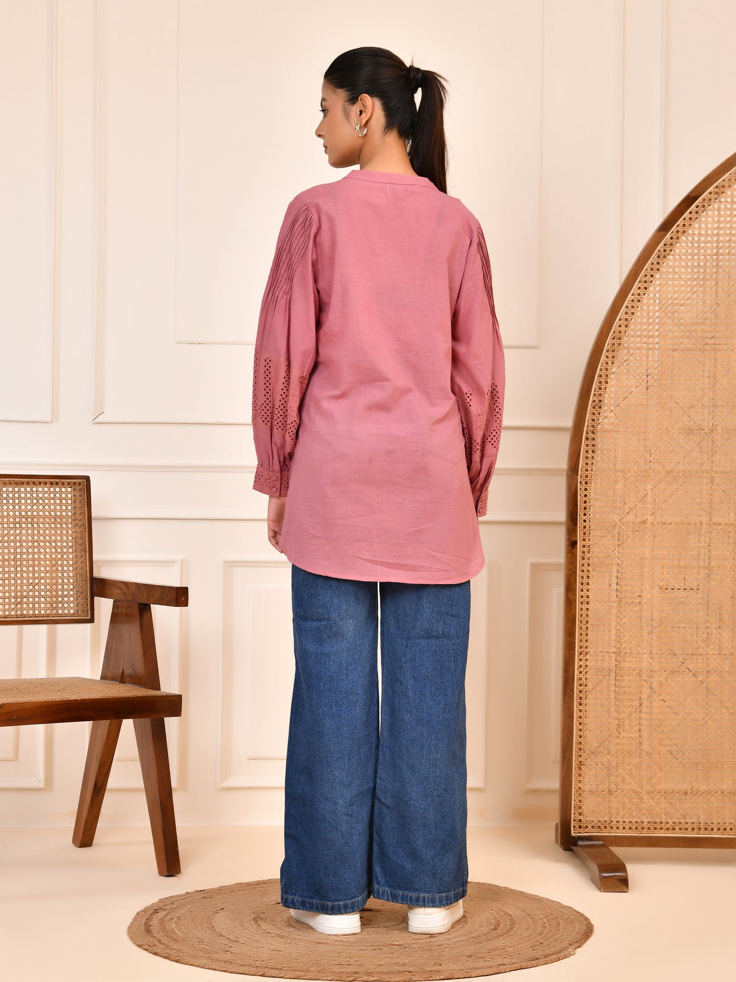 Dusty Pink Cotton Lace Detail Blouse – Pintuck Front & Full Balloon Sleeves Top