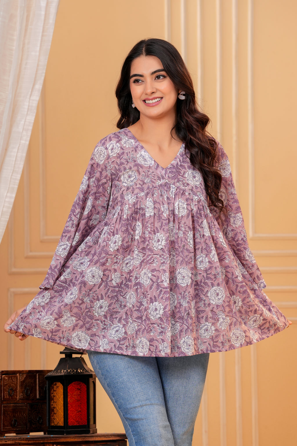 Rosa Hand Block Print Cotton Top | V-Neck with Flared Sleeves