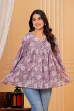 Rosa Hand Block Print Cotton Top | V-Neck with Flared Sleeves