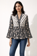 Women's Hand Block Printed Cotton Peplum Top with Bell Sleeves – Cola