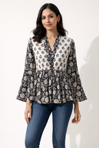 Women's Hand Block Printed Cotton Peplum Top with Bell Sleeves – Cola