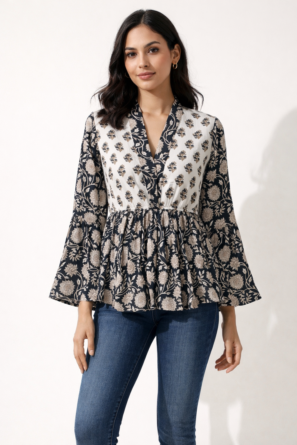 Women's Hand Block Printed Cotton Peplum Top with Bell Sleeves – Cola