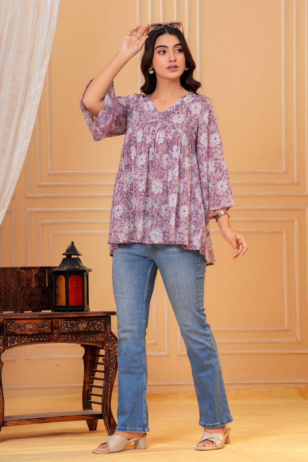 Rosa Hand Block Print Cotton Top | V-Neck with Flared Sleeves