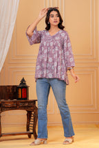 Rosa Hand Block Print Cotton Top | V-Neck with Flared Sleeves