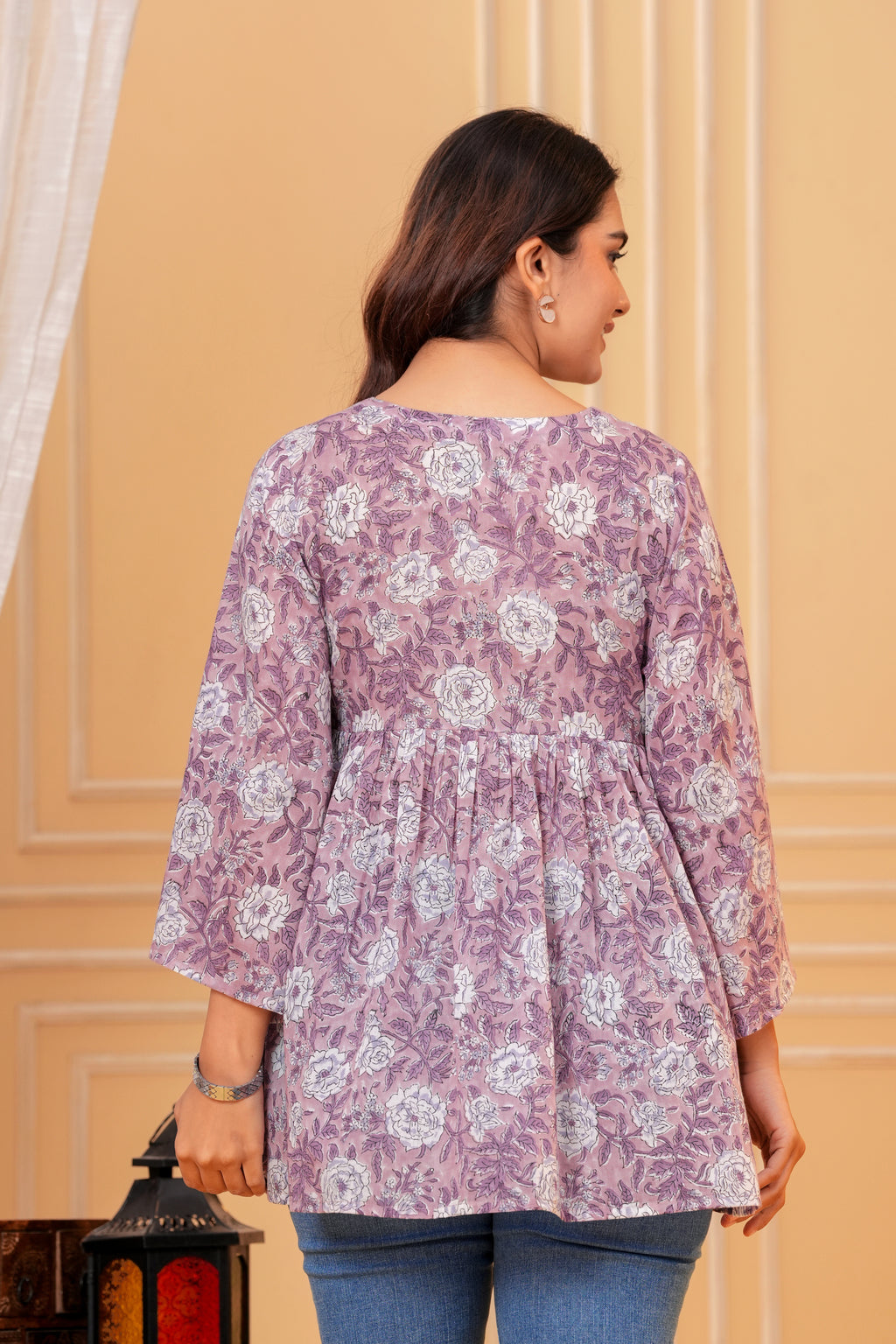 Rosa Hand Block Print Cotton Top | V-Neck with Flared Sleeves