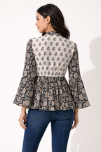 Women's Hand Block Printed Cotton Peplum Top with Bell Sleeves – Cola