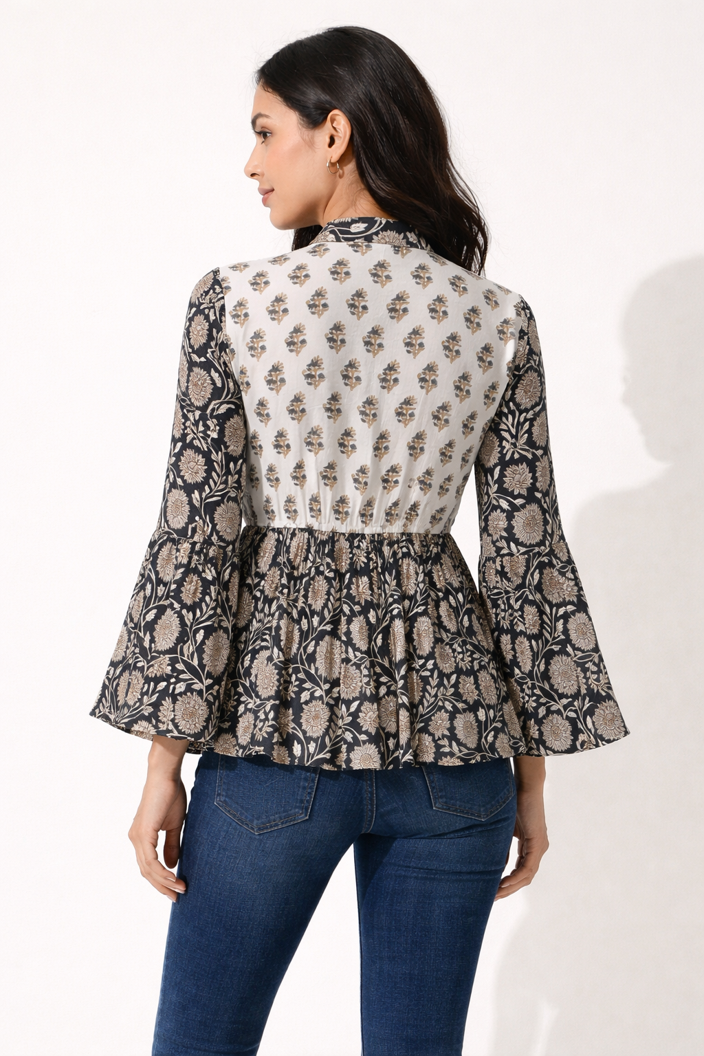 Women's Hand Block Printed Cotton Peplum Top with Bell Sleeves – Cola