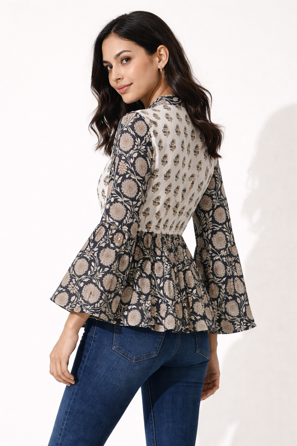 Women's Hand Block Printed Cotton Peplum Top with Bell Sleeves – Cola
