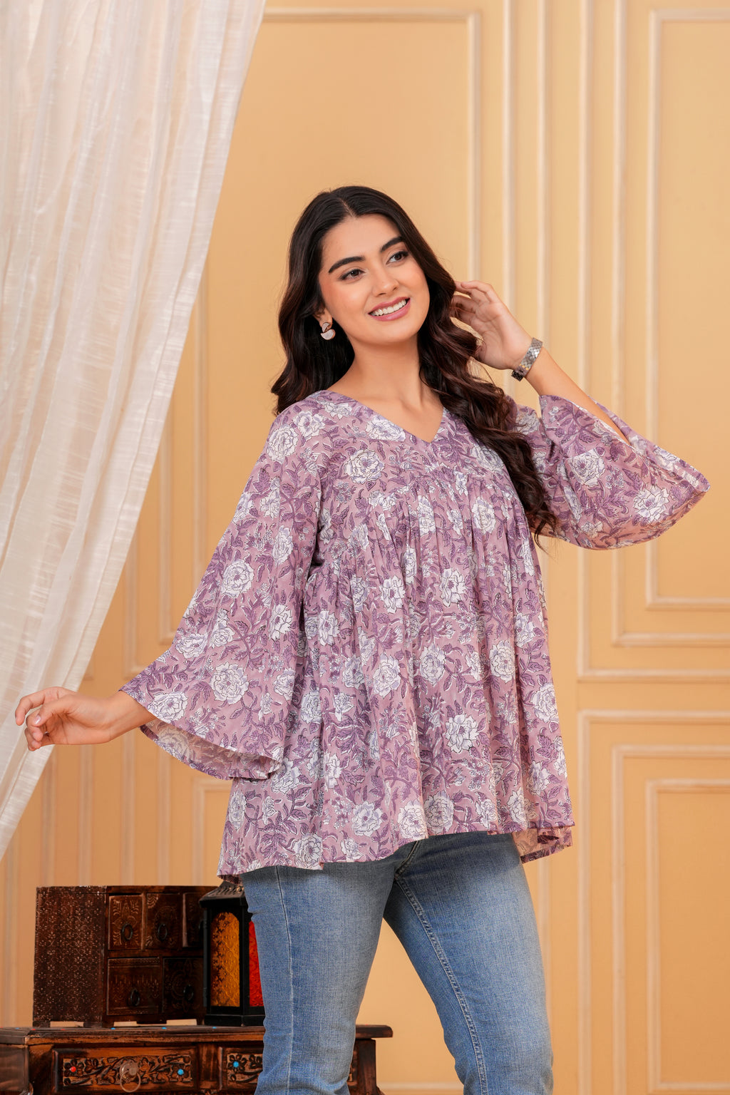Rosa Hand Block Print Cotton Top | V-Neck with Flared Sleeves