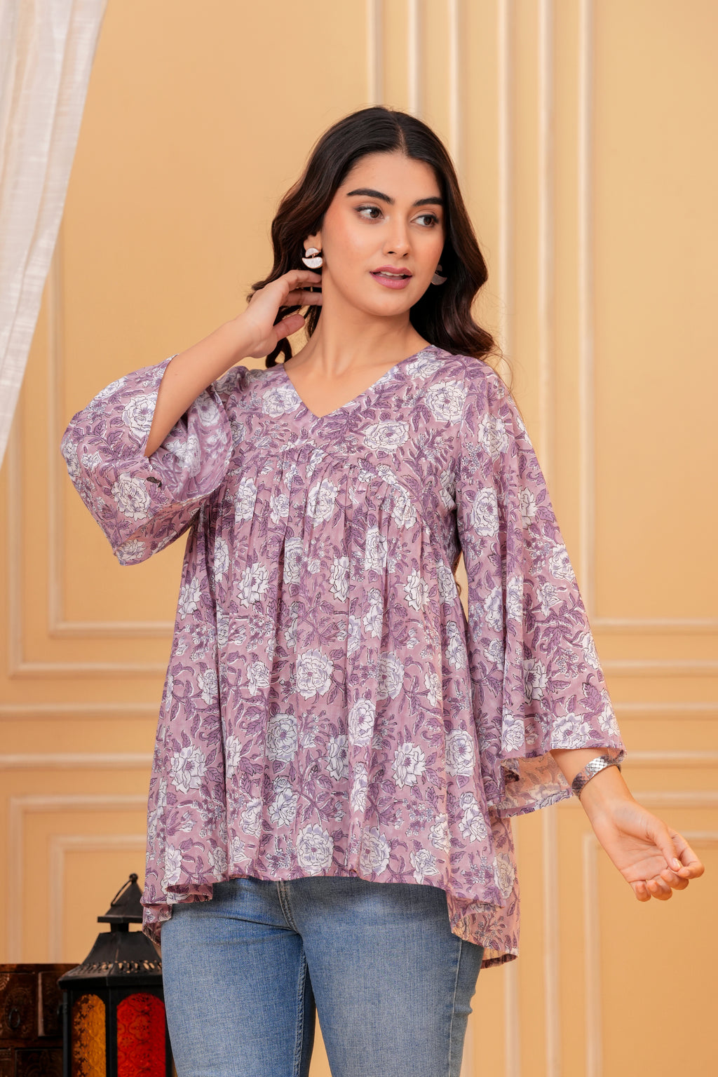 Rosa Hand Block Print Cotton Top | V-Neck with Flared Sleeves