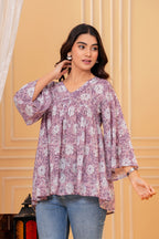 Rosa Hand Block Print Cotton Top | V-Neck with Flared Sleeves