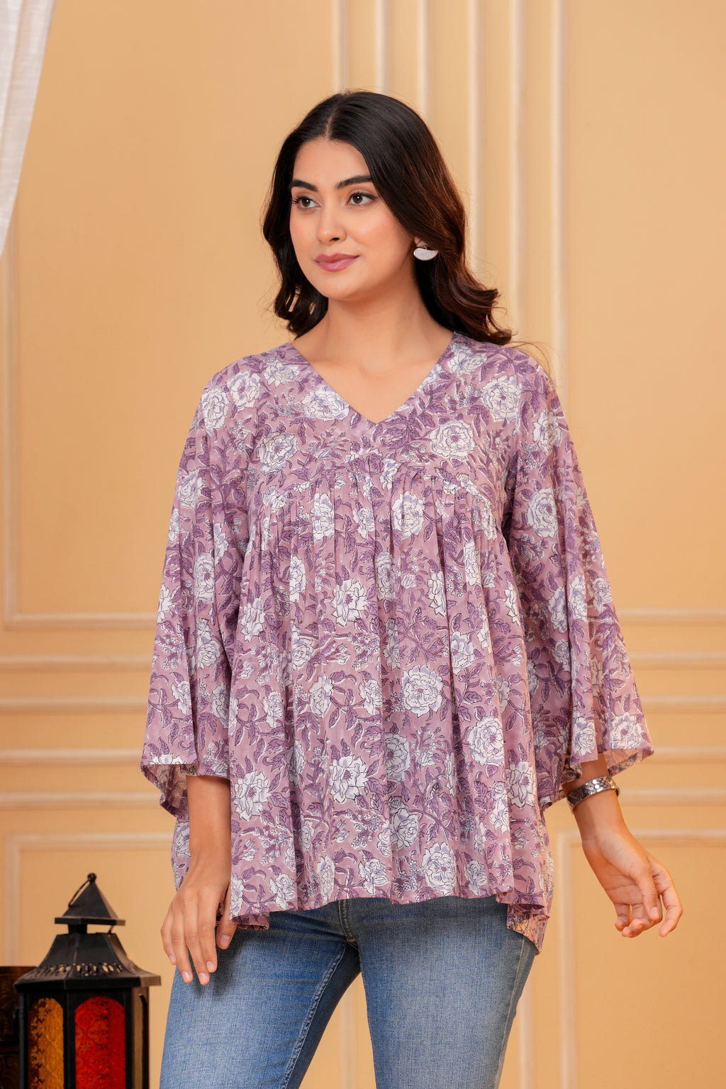Rosa Hand Block Print Cotton Top | V-Neck with Flared Sleeves