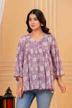 Rosa Hand Block Print Cotton Top | V-Neck with Flared Sleeves