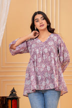 Rosa Hand Block Print Cotton Top | V-Neck with Flared Sleeves