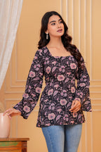 Luna Cotton Hand Block Print Top | Square Neck Floral Cotton Blouse for Women