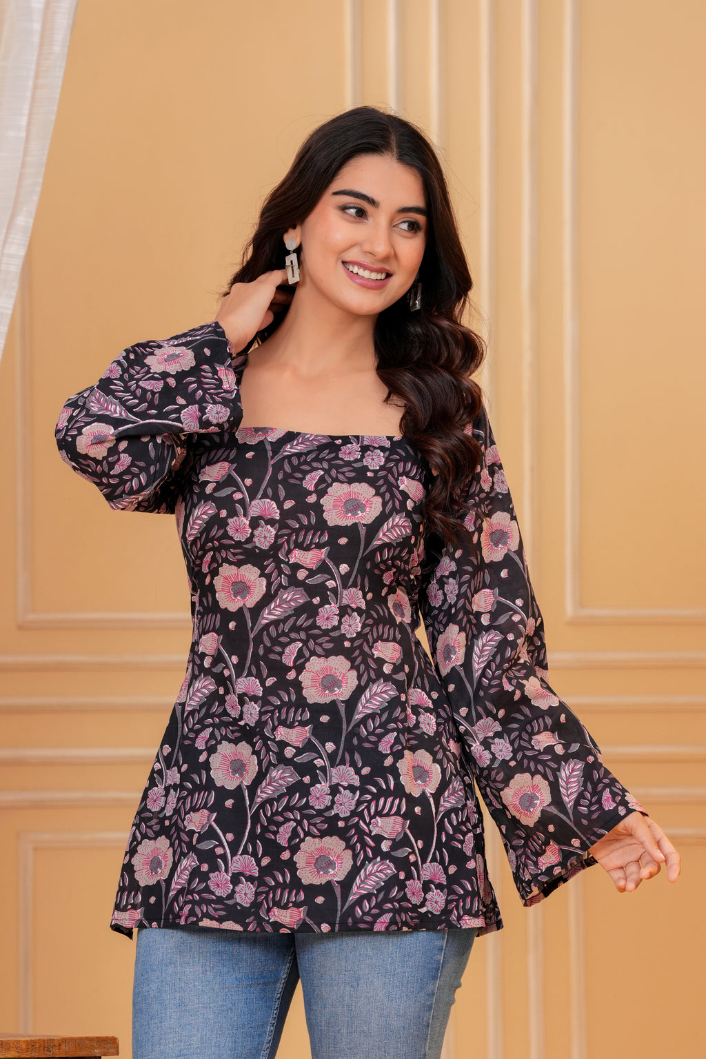 Luna Cotton Hand Block Print Top | Square Neck Floral Cotton Blouse for Women
