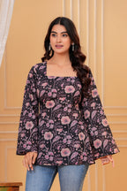 Luna Cotton Hand Block Print Top | Square Neck Floral Cotton Blouse for Women