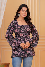 Luna Cotton Hand Block Print Top | Square Neck Floral Cotton Blouse for Women