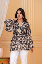 Amara Cotton Hand Block Print Peplum Top | V-Neck Floral Cotton Blouse for Women