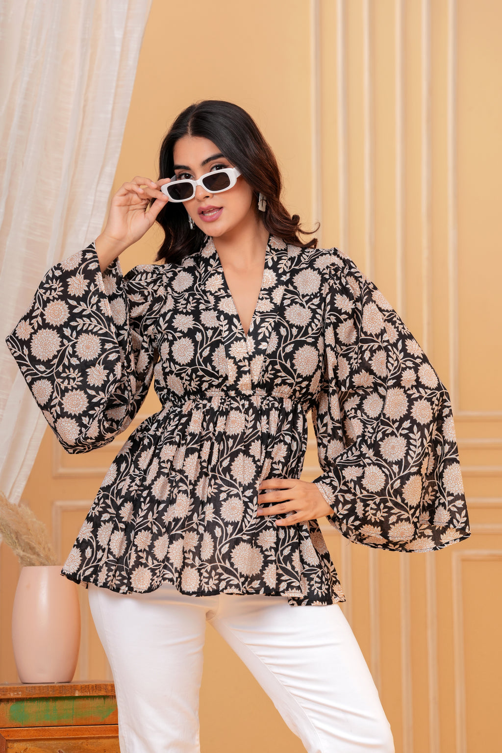 Amara Cotton Hand Block Print Peplum Top | V-Neck Floral Cotton Blouse for Women