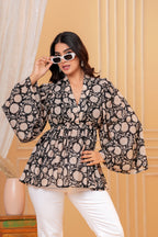 Amara Cotton Hand Block Print Peplum Top | V-Neck Floral Cotton Blouse for Women