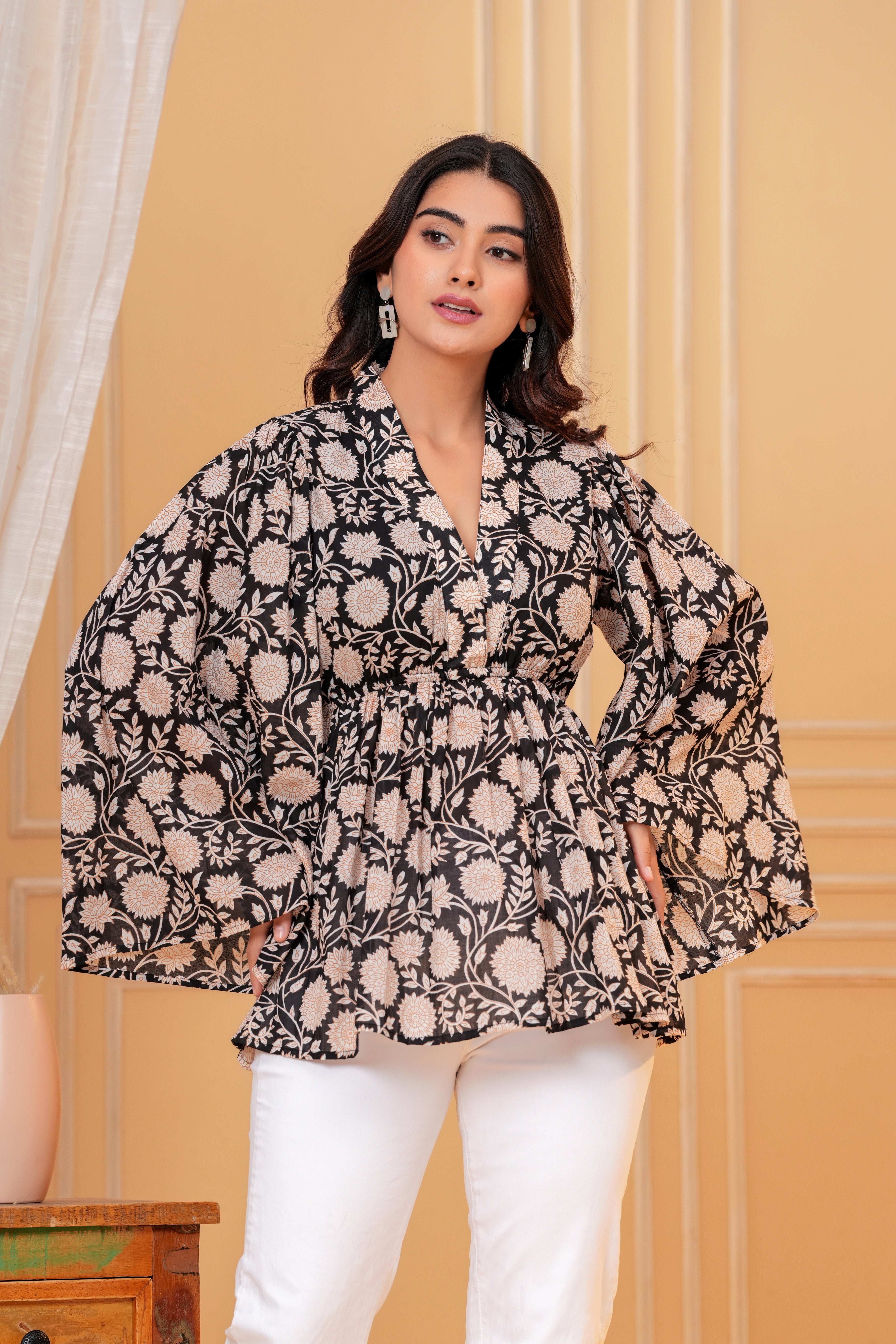 Amara Cotton Hand Block Print Peplum Top | V-Neck Floral Cotton Blouse for Women