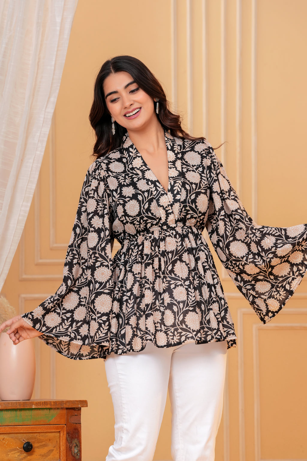 Amara Cotton Hand Block Print Peplum Top | V-Neck Floral Cotton Blouse for Women